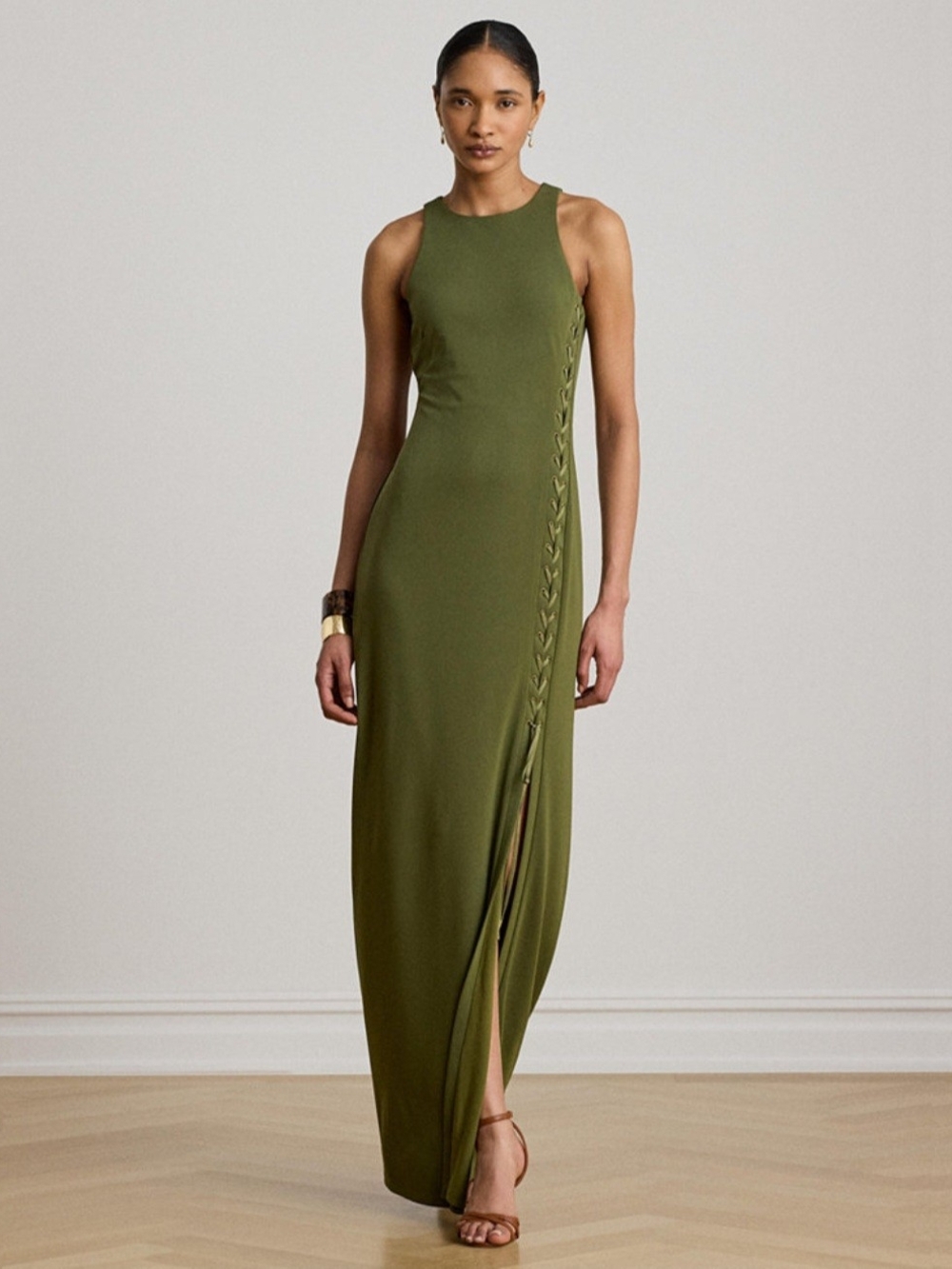 Ralph Lauten Olive Green Jersey  Lace-Up Gown Size 8 NWT